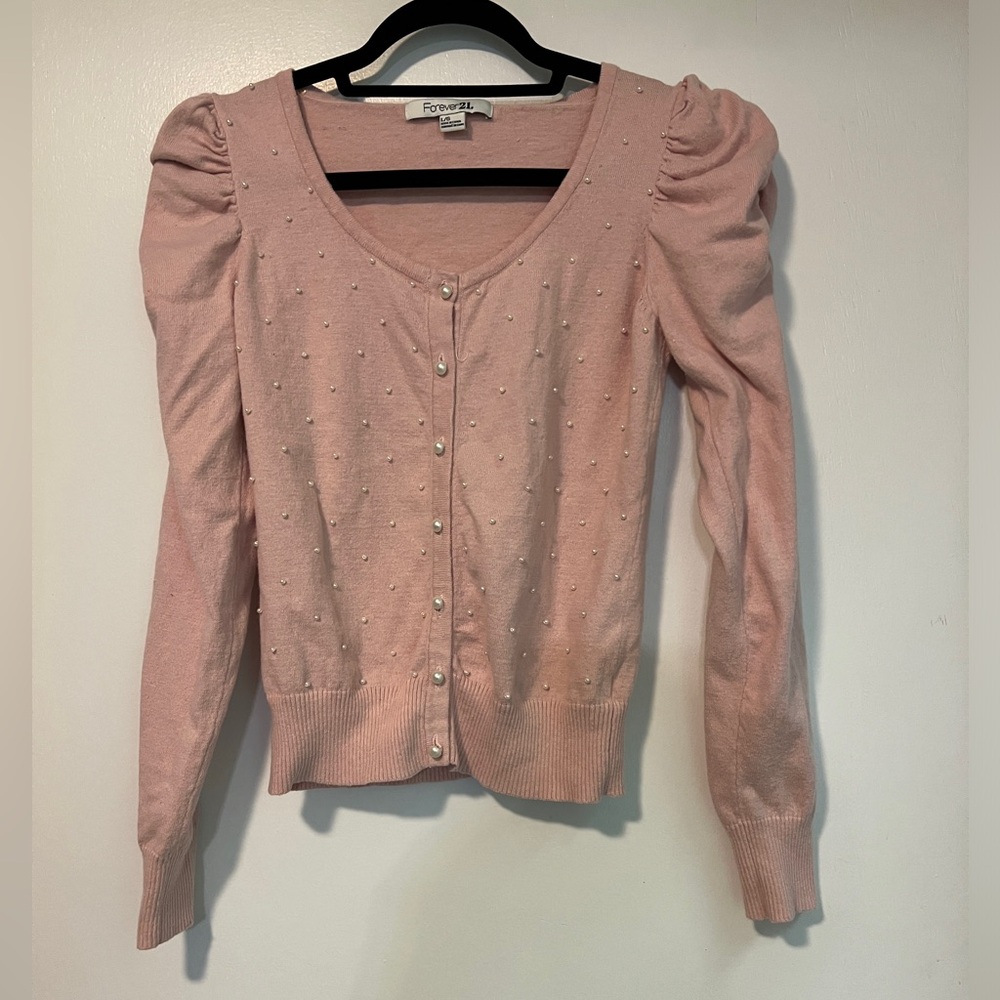 Forever 21 large pink cardigan with pearls